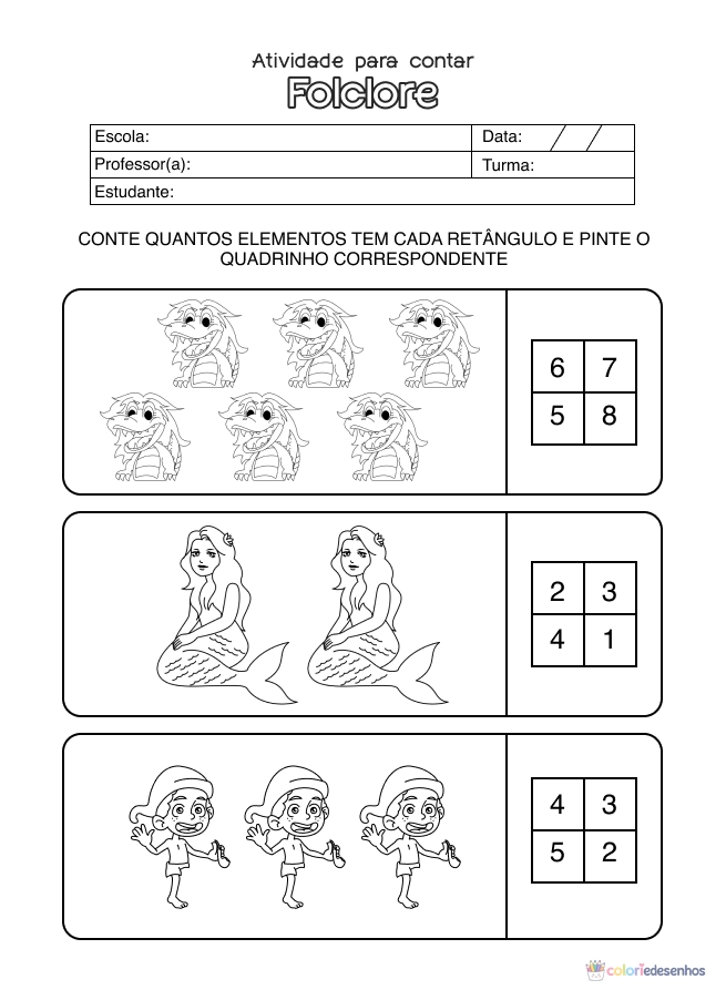 Atividade de matemática sobre folclore para colorir