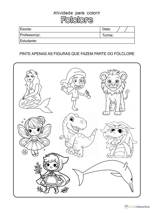 Atividade de alfabetização sobre folclore para colorir
