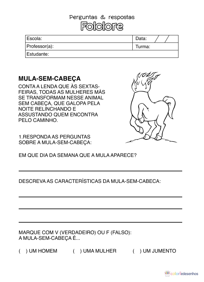 Atividade de alfabetização sobre folclore para colorir