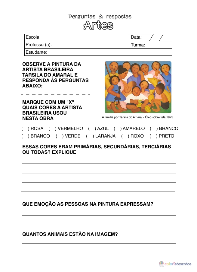 Atividade de alfabetização sobre arte para colorir