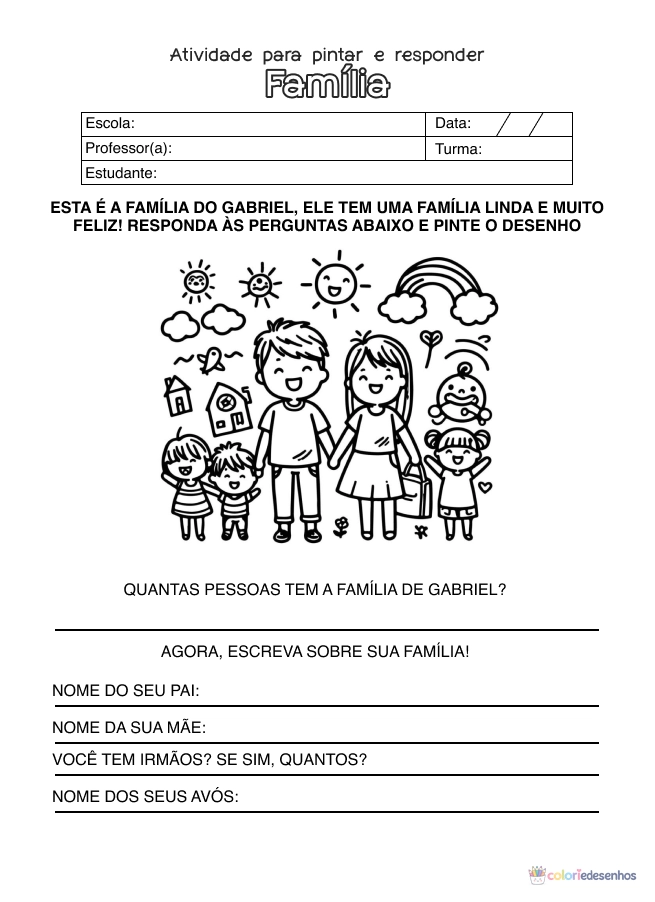 Atividade de alfabetização sobre família para colorir
