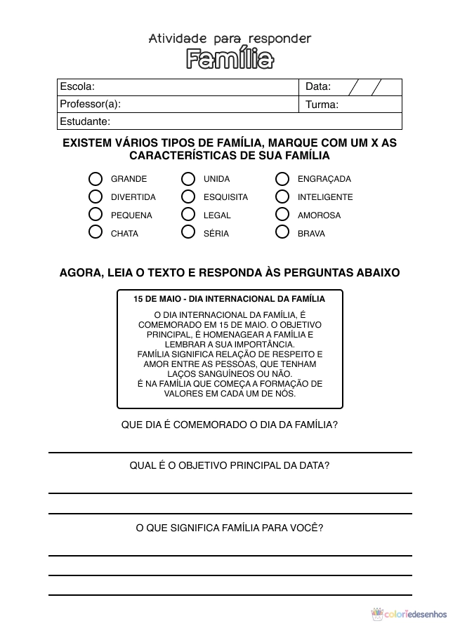 Atividade de alfabetização sobre família para colorir