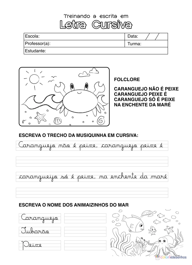 Atividade de alfabetização sobre letras cursivas para colorir