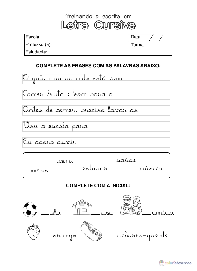 Atividade de alfabetização sobre letras cursivas para colorir