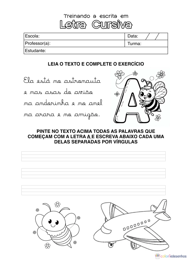 Atividade de alfabetização sobre letras cursivas para colorir