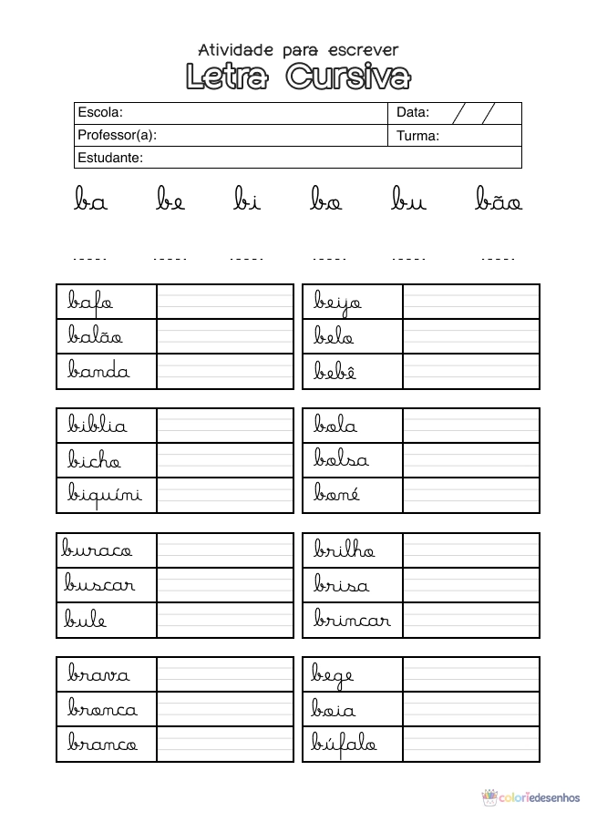 Atividade de alfabetização sobre letras cursivas para colorir