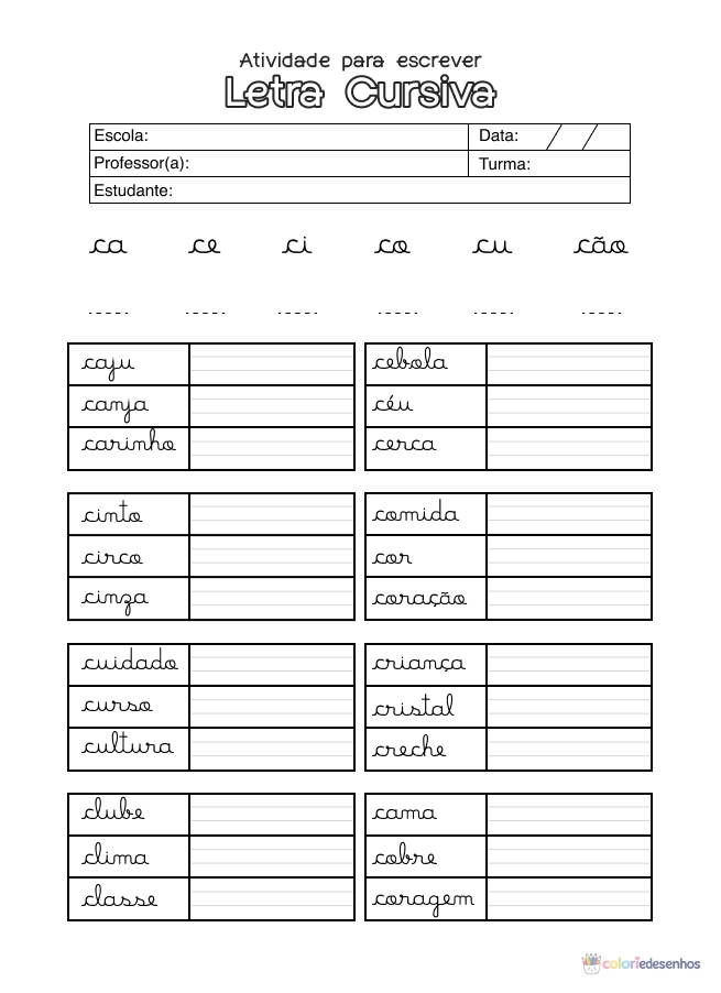 Atividade de alfabetização sobre letras cursivas para colorir