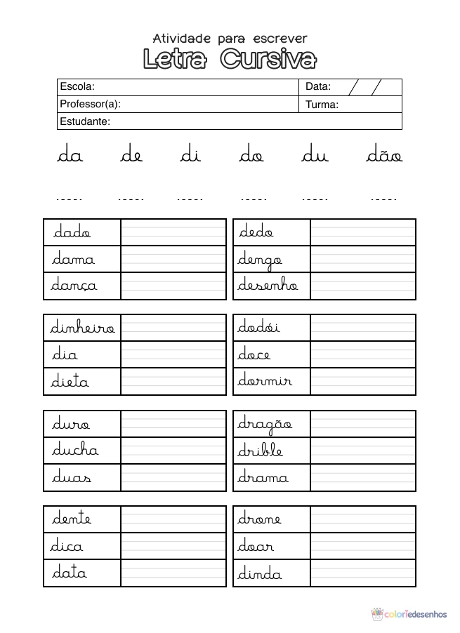 Atividade de alfabetização sobre letras cursivas para colorir
