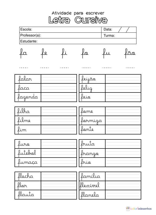 Atividade de alfabetização sobre letras cursivas para colorir