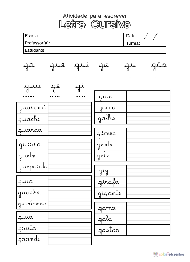 Atividade de alfabetização sobre letras cursivas para colorir
