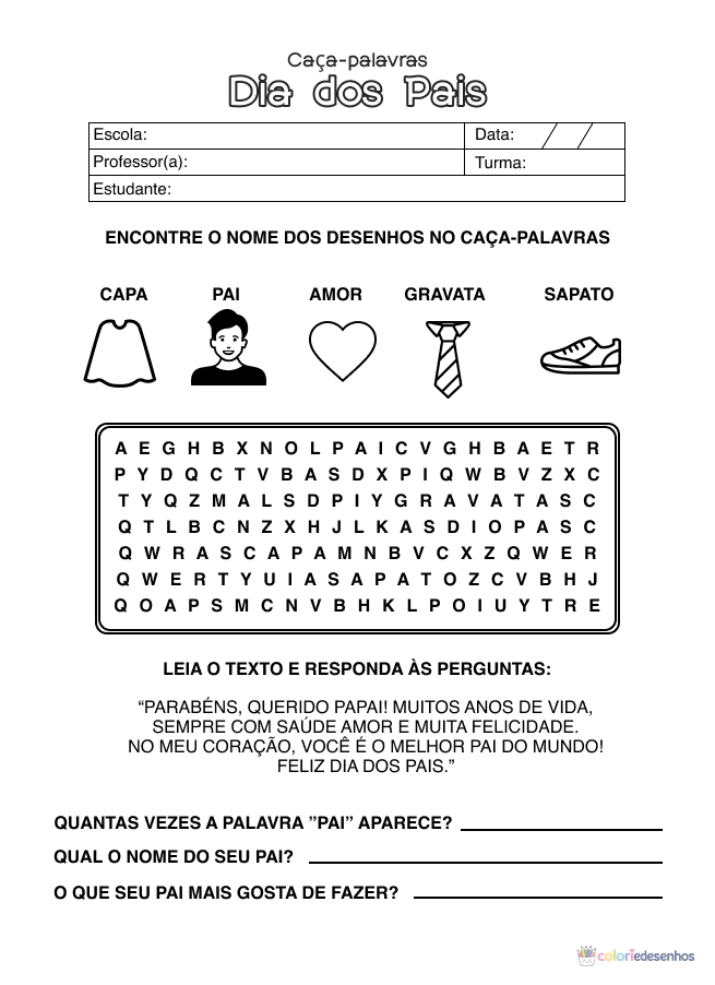 Atividade de alfabetização de Dia dos Pais para colorir