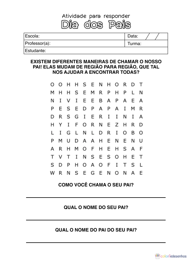 Atividade de alfabetização de Dia dos Pais para colorir