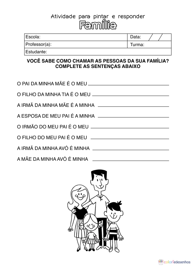 Atividade de alfabetização sobre Família para colorir