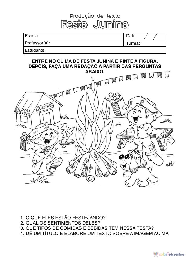 Atividade de alfabetização sobre Festa Junina para colorir