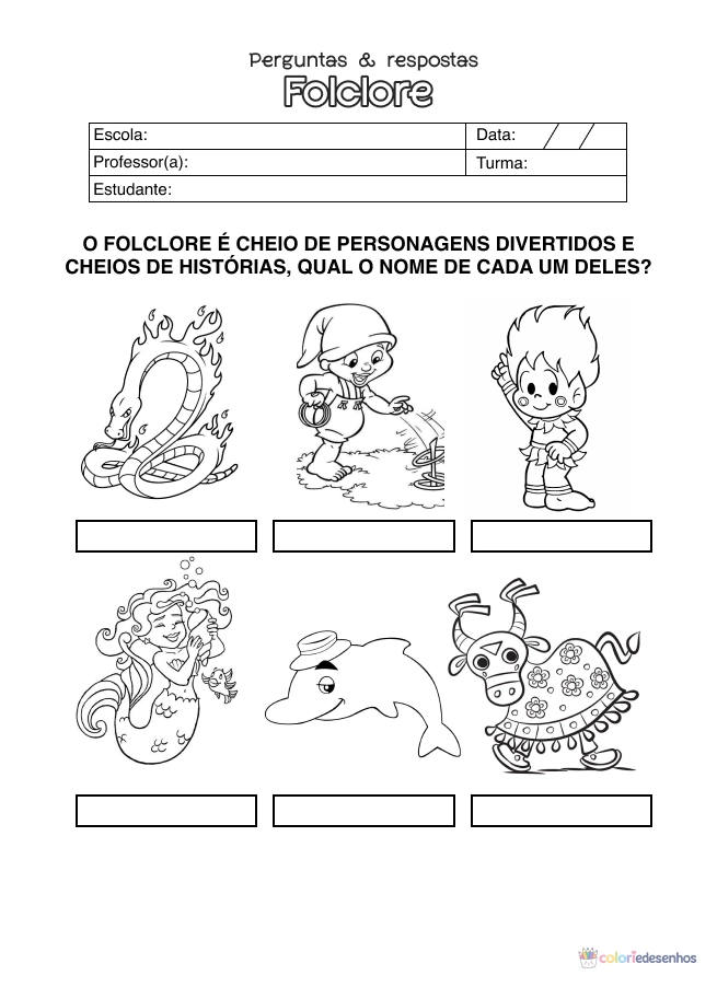 Atividade de alfabetização sobre Folclore para colorir