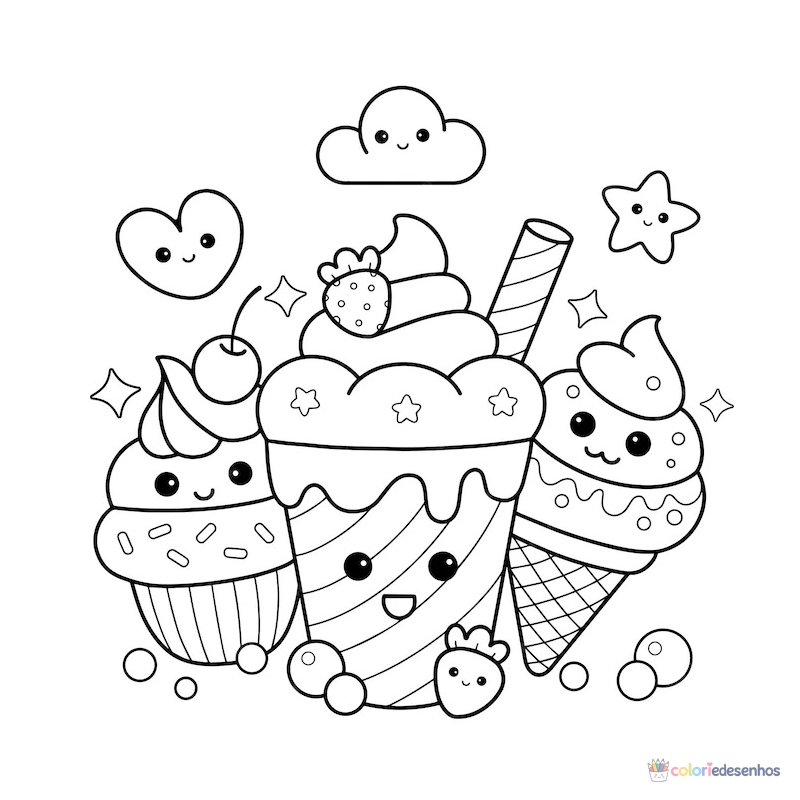 Sorvete Kawaii para imprimir e colorir para colorir