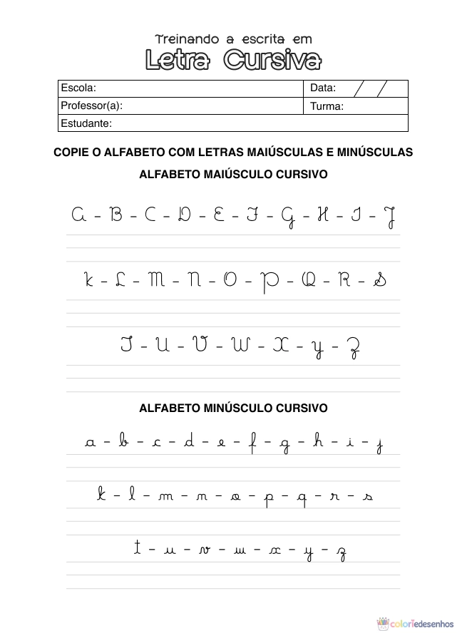 Atividade de alfabetização sobre Letras Cursivas para colorir