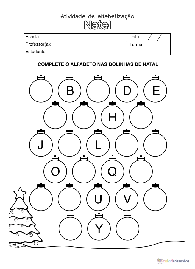 Atividade de alfabetização de Natal para colorir