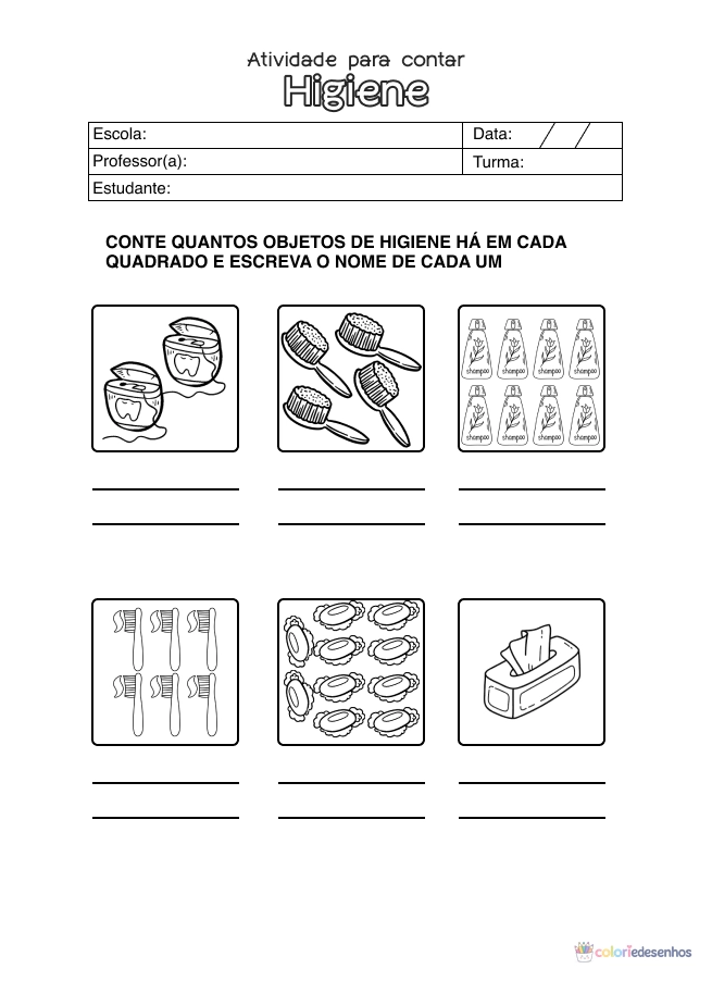 Atividade de matemática sobre higiene para colorir