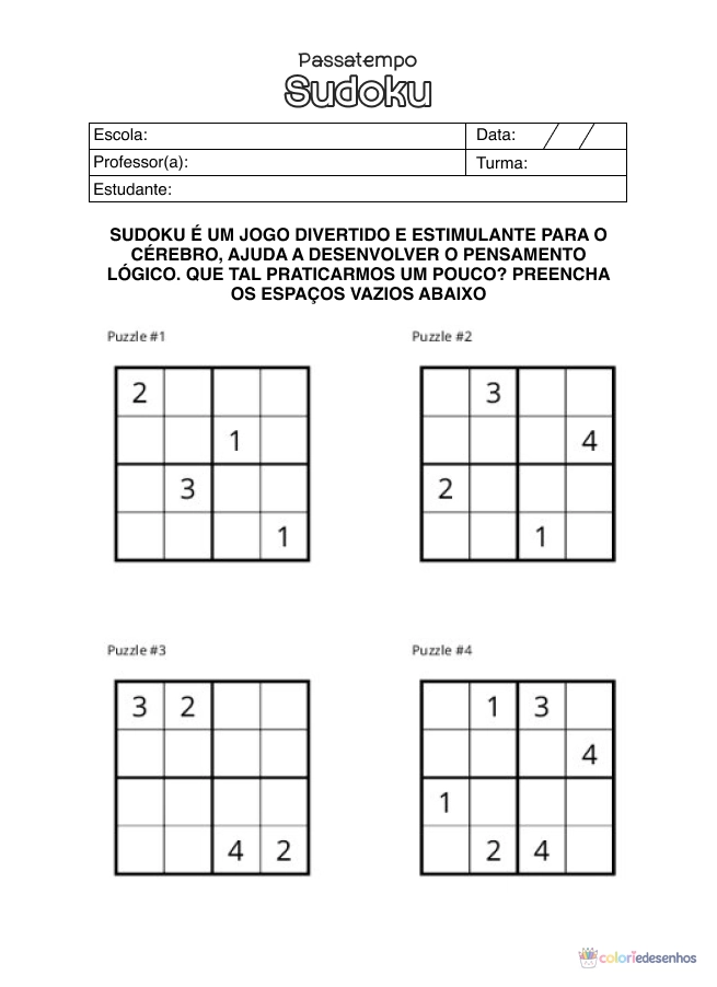 Atividade de matemática de Sudoku para colorir