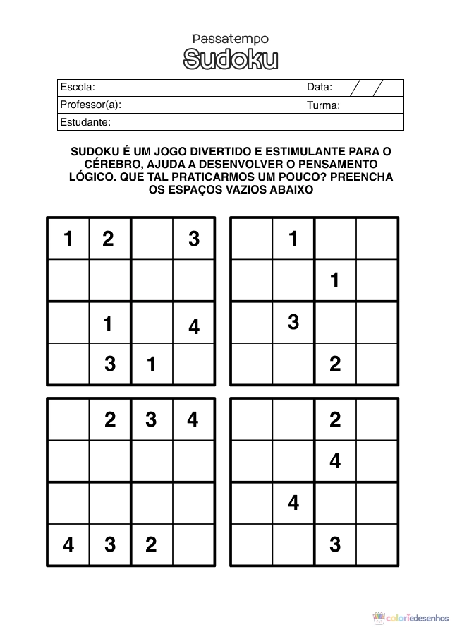 Atividade de matemática de Sudoku para colorir